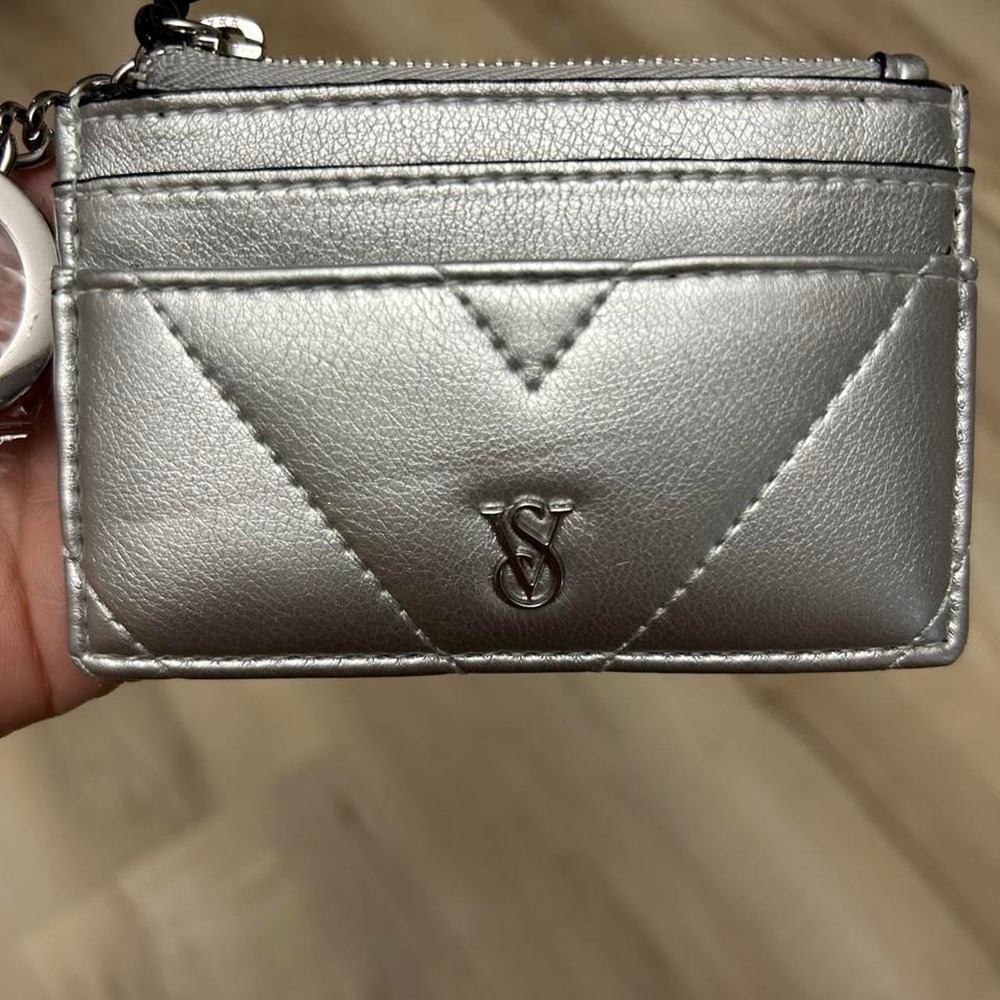 Victoria's Secret silver leather keychain card holder wallet with zipper NWT